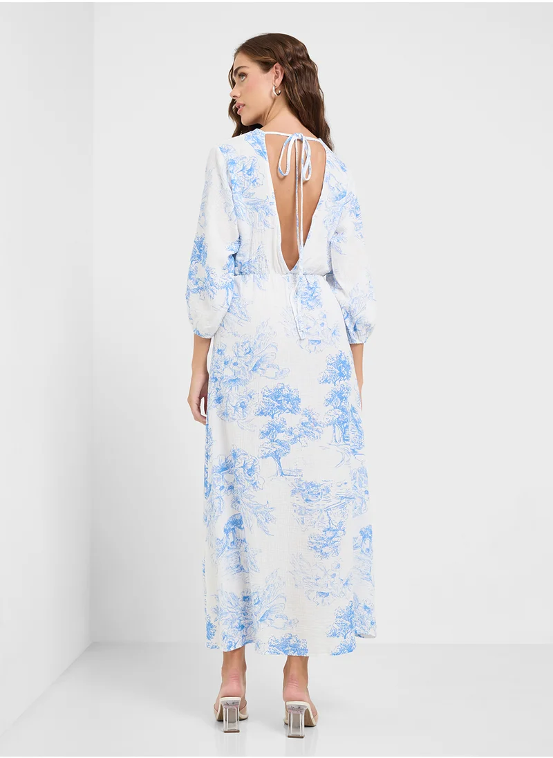 جينجر V Neck Floral Print A Line Dress