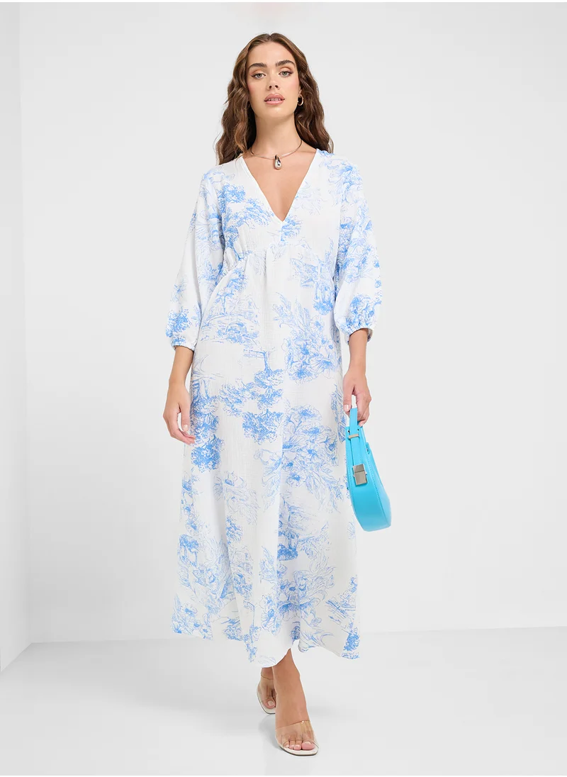 جينجر V Neck Floral Print A Line Dress