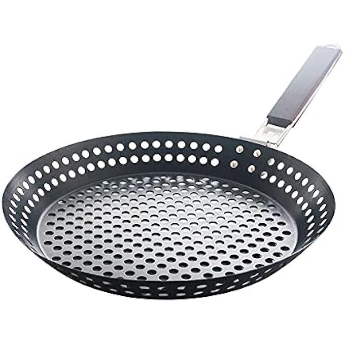 Irovami NonStick Metal Grilling Skillet With Folding Wooden Handle Grill Skillet Pan With Holes Removable Handle For Outdoor Grill Topper Barbecue Pan For Vegetables Seafood Meat - Image 2