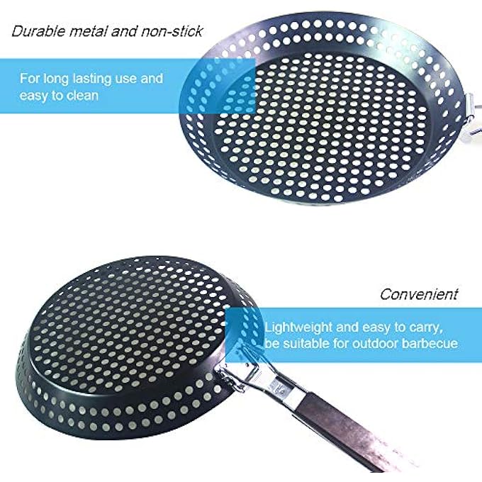 Irovami NonStick Metal Grilling Skillet With Folding Wooden Handle Grill Skillet Pan With Holes Removable Handle For Outdoor Grill Topper Barbecue Pan For Vegetables Seafood Meat - Image 4