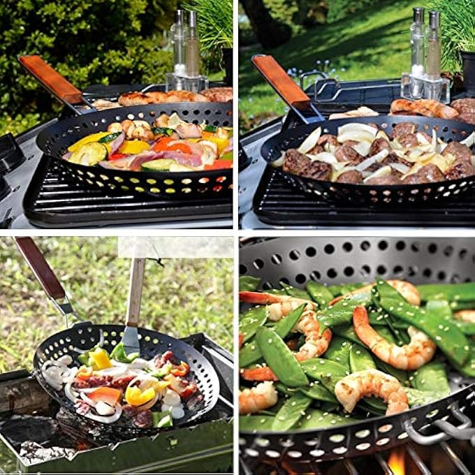 Irovami NonStick Metal Grilling Skillet With Folding Wooden Handle Grill Skillet Pan With Holes Removable Handle For Outdoor Grill Topper Barbecue Pan For Vegetables Seafood Meat - Image 3