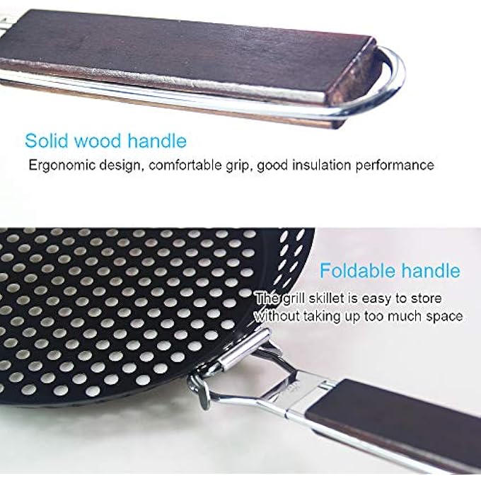 Irovami NonStick Metal Grilling Skillet With Folding Wooden Handle Grill Skillet Pan With Holes Removable Handle For Outdoor Grill Topper Barbecue Pan For Vegetables Seafood Meat - Image 5