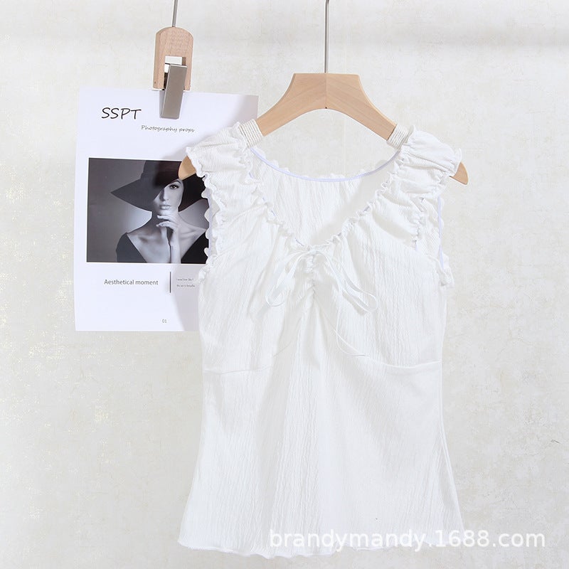 Bm Bow Vest Pure Lust Girly Style Short-Sleeved Smocked Short Style Versatile Can Be Worn Outside Light, Fashionable And Versatile - Image 1