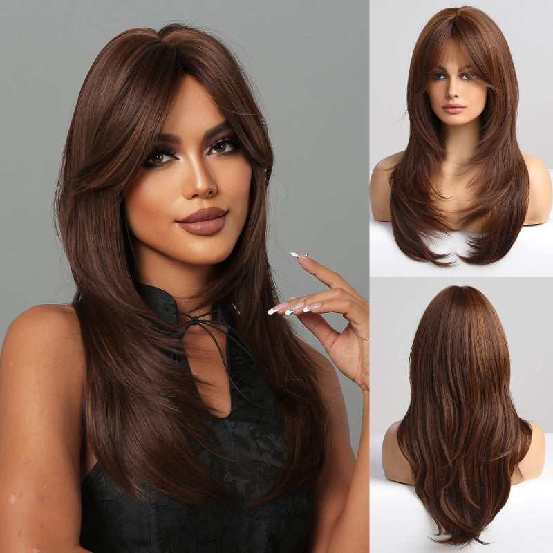 باروكات HAIRCUBE بنية للنساء باروكات طويلة ذات طبقات مع غرة مقاومة للحرارة من الألياف الاصطناعية