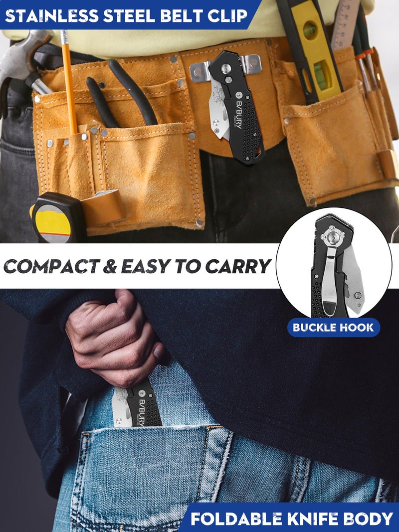 BIBURY سكين متعددة الاستخدامات، نسخة محدثة من BIBURY، قاطع صناديق ثقيل، سكين سجادة محمولة مع 10 شفرات قابلة للاستبدال من الفولاذ المقاوم للصدأ SK5، مشبك حزام، زر تحرير سهل، تغيير سريع وقفل أمان - أسود - Image 4
