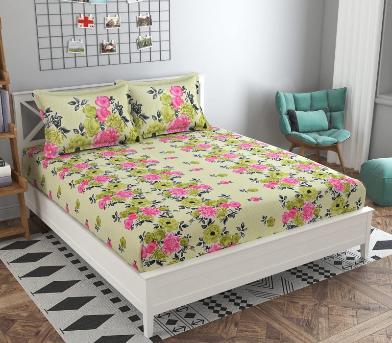 Temoli® King Size Cotton bedsheets Elastic Fitted, Elastic Fitted bedsheets King Size 78x78x10 inch with 2 Pillow Covers (Flower-Light Green) - Image 1