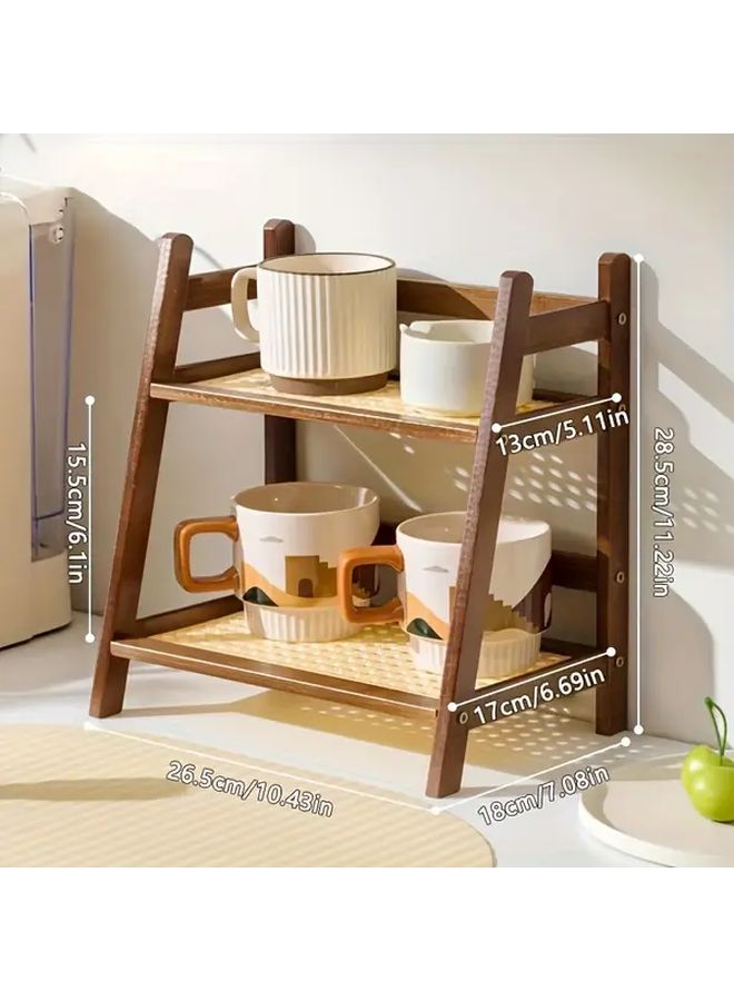 Wood Color Double Layer Wooden Cup Holder With Rattan Mug Organizer Compact Desktop Shelf For Kitchen Living Room Office Vertically Designed Standing Rack For Coffee Mugs Glasses And Small Items Durable Handcrafted Home Decor - Image 3
