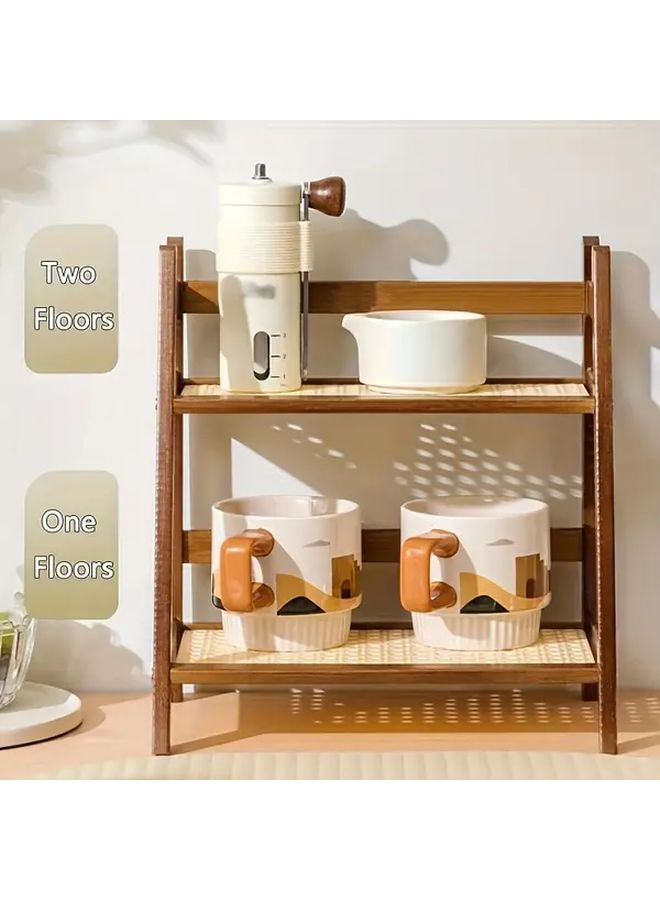 Wood Color Double Layer Wooden Cup Holder With Rattan Mug Organizer Compact Desktop Shelf For Kitchen Living Room Office Vertically Designed Standing Rack For Coffee Mugs Glasses And Small Items Durable Handcrafted Home Decor - Image 2