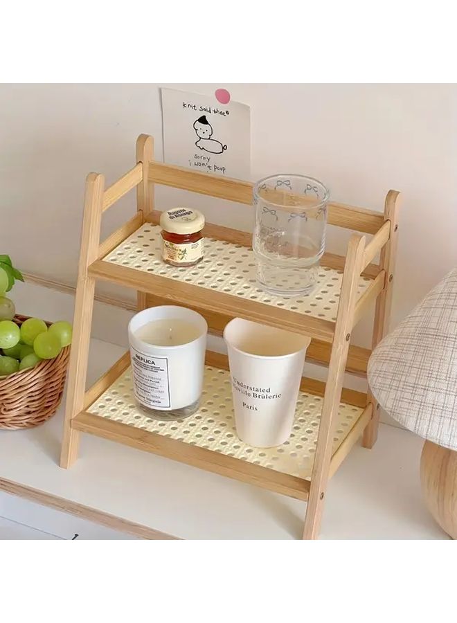 Wood Color Double Layer Wooden Cup Holder With Rattan Mug Organizer Compact Desktop Shelf For Kitchen Living Room Office Vertically Designed Standing Rack For Coffee Mugs Glasses And Small Items Durable Handcrafted Home Decor - Image 4