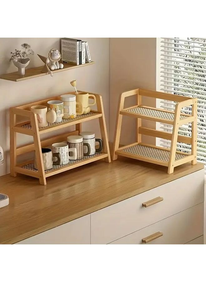Wood Color Double Layer Wooden Cup Holder With Rattan Mug Organizer Compact Desktop Shelf For Kitchen Living Room Office Vertically Designed Standing Rack For Coffee Mugs Glasses And Small Items Durable Handcrafted Home Decor - Image 1
