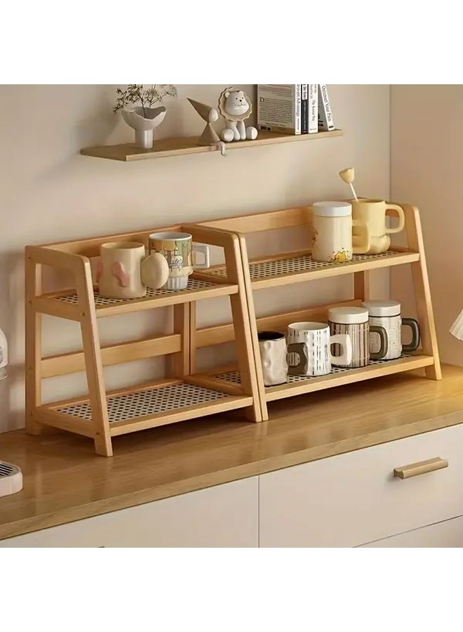 Wood Color Double Layer Wooden Cup Holder With Rattan Mug Organizer Compact Desktop Shelf For Kitchen Living Room Office Vertically Designed Standing Rack For Coffee Mugs Glasses And Small Items Durable Handcrafted Home Decor - Image 5