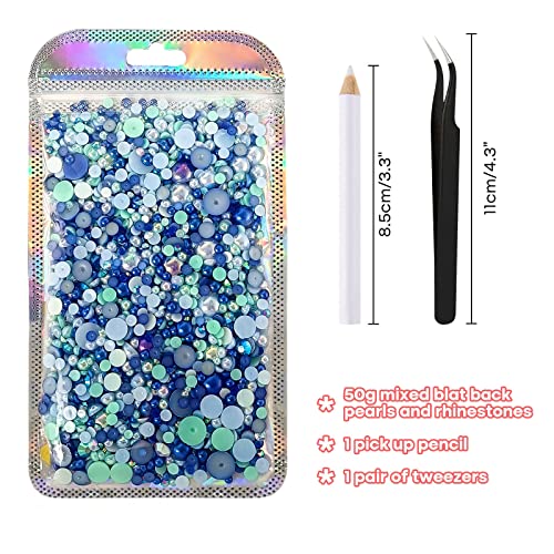 ASTARON 50g Mix Flatback Rhinestones Half Pearls for Crafts Mixed Size 3mm-10mm Flat Back Rhinestones for Crafts Flatback Pearls for DIY Tumblers Mugs Nail Art Shoes Clothes (Blue Series) - Image 2