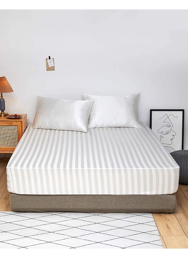 Hotel Linen Klub - Hotel Linen Klub Stripe Fitted Sheet - 120 GSM Polyester Satin in White, Featuring an Elasticized Deep Pocket, Size: Single (120 x 200 cm), Subtle Sheen and Smooth Texture for Luxurious Bed Linen - Image 1