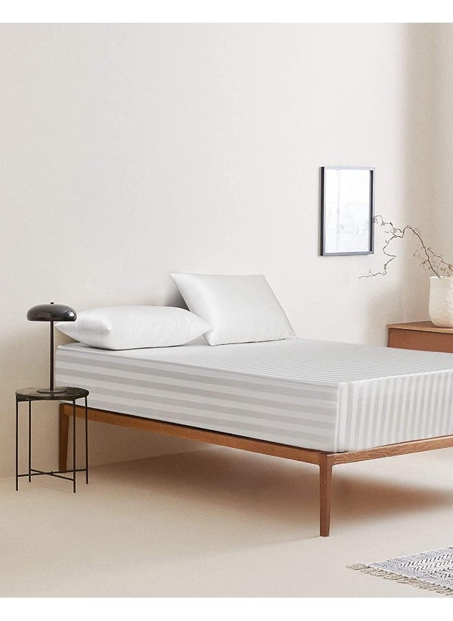 Hotel Linen Klub - Hotel Linen Klub Stripe Fitted Sheet - 120 GSM Polyester Satin in White, Featuring an Elasticized Deep Pocket, Size: Single (120 x 200 cm), Subtle Sheen and Smooth Texture for Luxurious Bed Linen - Image 1