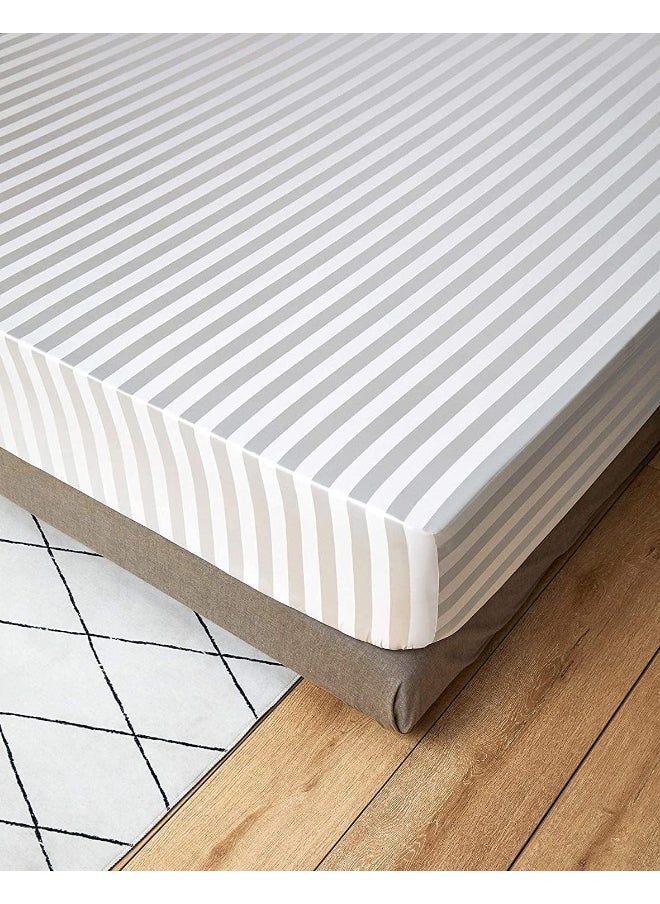 Hotel Linen Klub - Hotel Linen Klub Stripe Fitted Sheet - 120 GSM Polyester Satin in White, Featuring an Elasticized Deep Pocket, Size: Single (120 x 200 cm), Subtle Sheen and Smooth Texture for Luxurious Bed Linen - Image 1