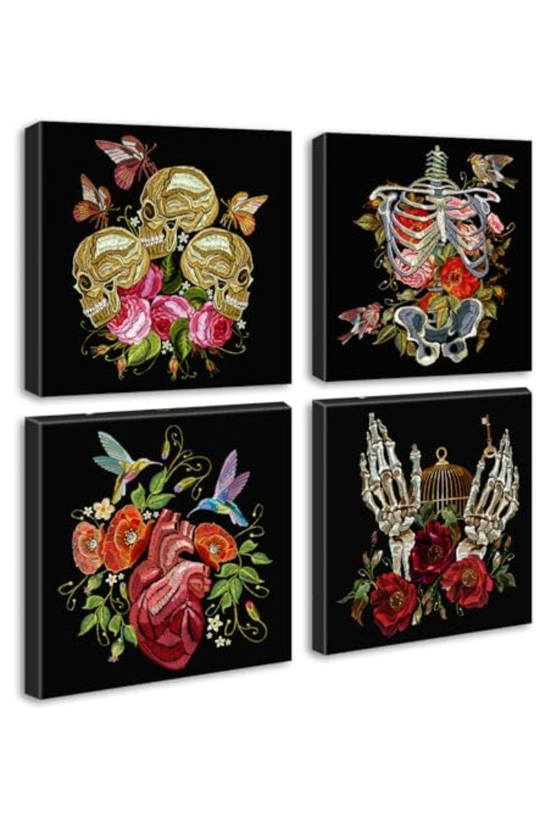 DJSYLIFE Halloween Wall Art - Romantic Gothic Wall Decor Floral Gothic Skeleton Decor Dark Skull Poster Canvas Prints Moody Bedroom Decor Aesthetic Picture for Bathroom Home Decoration 12"X12"X4 Panels - Image 2