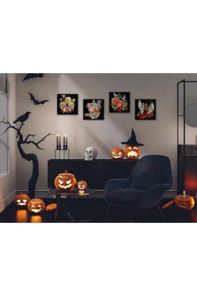DJSYLIFE Halloween Wall Art - Romantic Gothic Wall Decor Floral Gothic Skeleton Decor Dark Skull Poster Canvas Prints Moody Bedroom Decor Aesthetic Picture for Bathroom Home Decoration 12"X12"X4 Panels - Image 3
