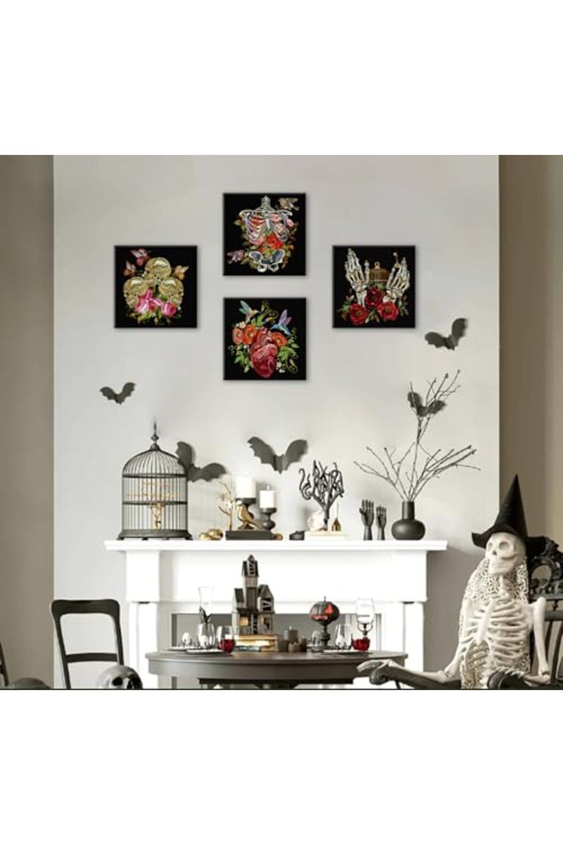 DJSYLIFE Halloween Wall Art - Romantic Gothic Wall Decor Floral Gothic Skeleton Decor Dark Skull Poster Canvas Prints Moody Bedroom Decor Aesthetic Picture for Bathroom Home Decoration 12"X12"X4 Panels - Image 4