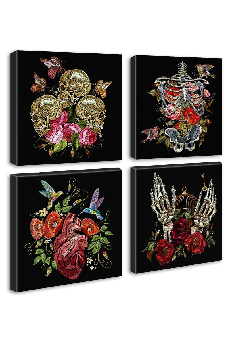 DJSYLIFE Halloween Wall Art - Romantic Gothic Wall Decor Floral Gothic Skeleton Decor Dark Skull Poster Canvas Prints Moody Bedroom Decor Aesthetic Picture for Bathroom Home Decoration 12"X12"X4 Panels - Image 1