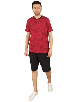 Men Summer Pajama Set Printed Top & Plain Short -Red