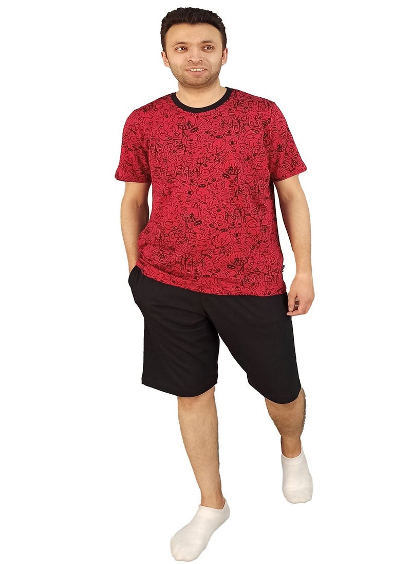 Jet - Men Summer Pajama Set Printed Top & Plain Short -Red - Image 1