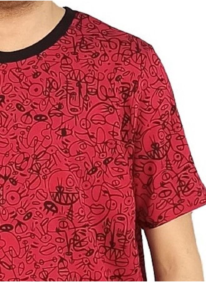 Jet - Men Summer Pajama Set Printed Top & Plain Short -Red - Image 1