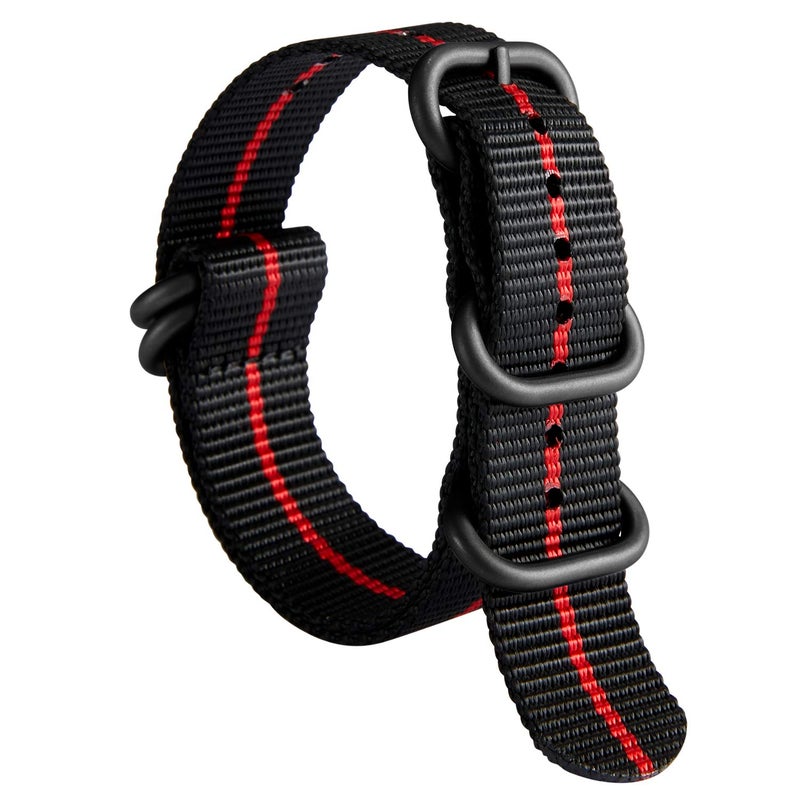 BINLUN Watch Strap Thick Nylon Replacement Watch Bands for Men 18mm 20mm 22mm 24mm with Military Heavy Duty 5 Rings Silver/Black Stainless Steel Buckle(BLack-Red-X Band BLack Buckle,22mm) - Image 1