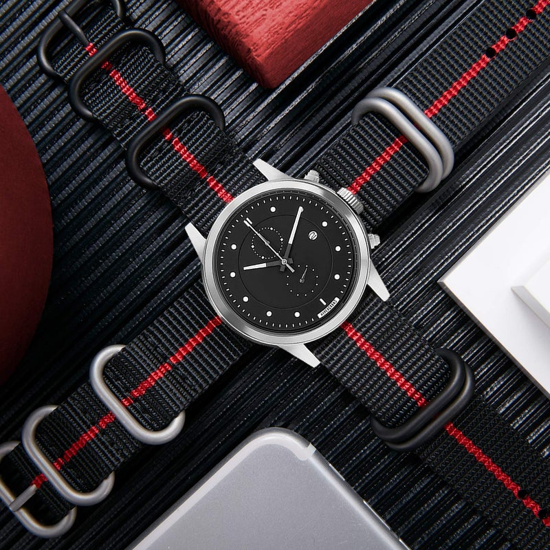 BINLUN Watch Strap Thick Nylon Replacement Watch Bands for Men 18mm 20mm 22mm 24mm with Military Heavy Duty 5 Rings Silver/Black Stainless Steel Buckle(BLack-Red-X Band BLack Buckle,22mm) - Image 5