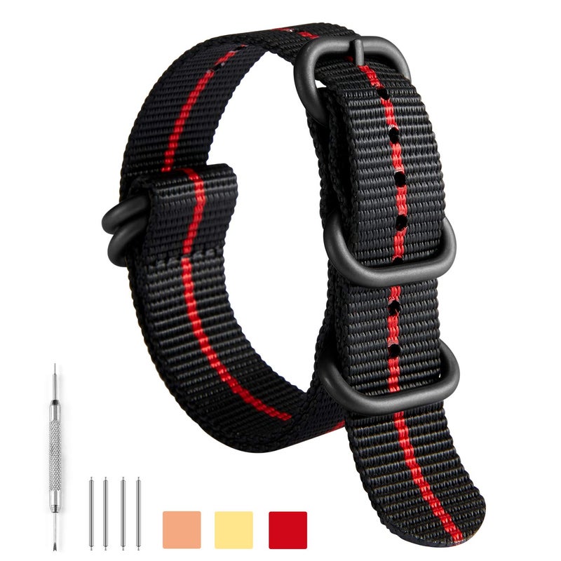 BINLUN Watch Strap Thick Nylon Replacement Watch Bands for Men 18mm 20mm 22mm 24mm with Military Heavy Duty 5 Rings Silver/Black Stainless Steel Buckle(BLack-Red-X Band BLack Buckle,22mm) - Image 2