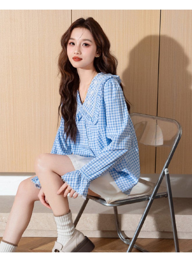 TonLion Women's Long Sleeve Plaid Shirt With Peter Pan Collar - French-inspired Design With Unique Bell Sleeves For Fall 2025 - Image 1