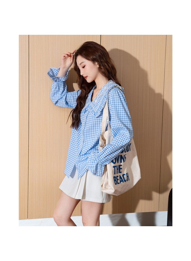 TonLion Women's Long Sleeve Plaid Shirt With Peter Pan Collar - French-inspired Design With Unique Bell Sleeves For Fall 2025 - Image 4