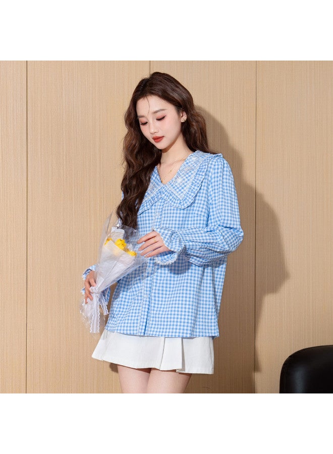 TonLion Women's Long Sleeve Plaid Shirt With Peter Pan Collar - French-inspired Design With Unique Bell Sleeves For Fall 2025 - Image 3