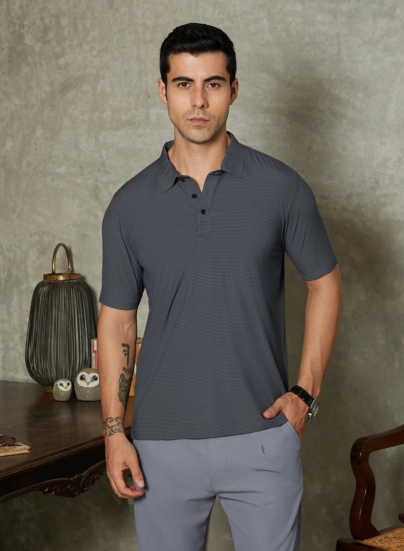 Campus Sutra Campus Sutra Men's Charcoal Grey Seamless Striped Polo T-Shirt For Casual Wear | Polo Neck | Short Regular Sleeves | Button Closure | T-Shirt Crafted With Comfort Fit For Everyday Wear  - Image 2