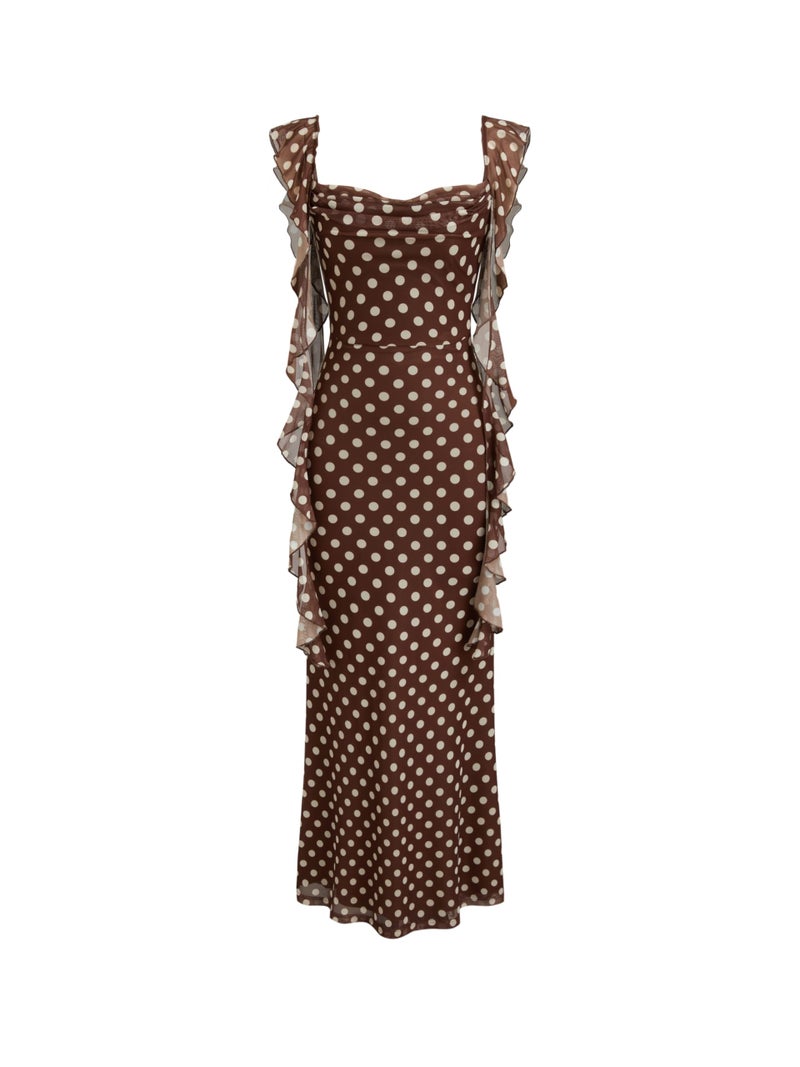 CIDER Formal Dresses for Women Wedding Guest Dresses Summer Maxi Dress Sleeveless Mesh Ruffle Cocktail Dress Elegant Outfits Brown - Image 1
