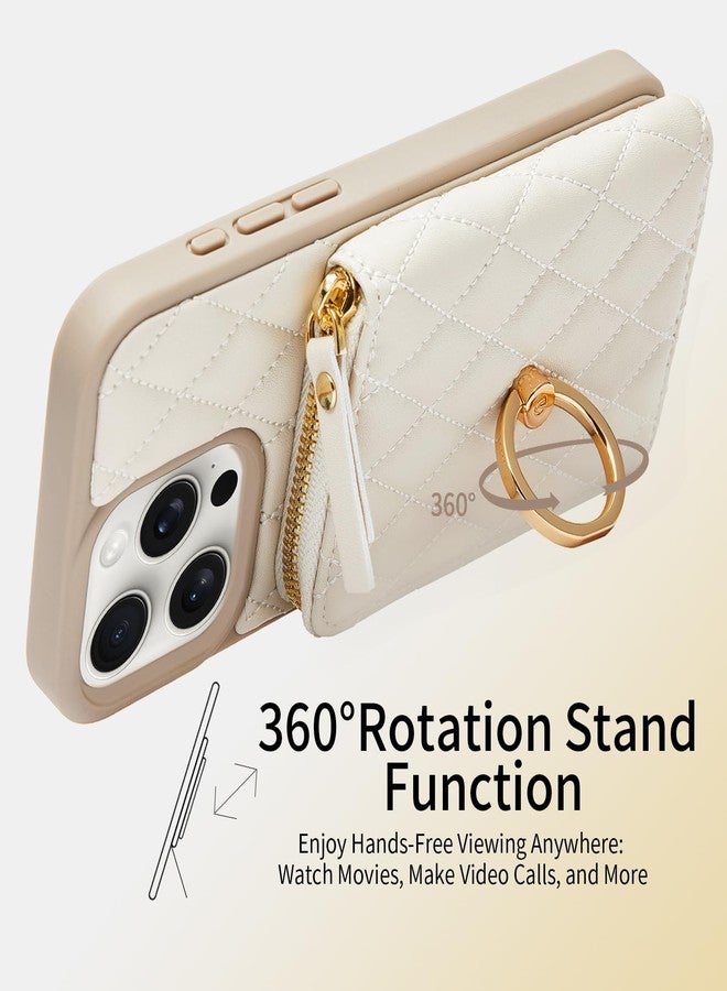 ZVE Wallet Case for iPhone 15 Pro Max with Card Holder, 360° Rotation Ring Stand Crossbody Zipper Wallet Lanyard Case for iPhone 15 Pro Max 6.7 Inch-Beige - Image 5