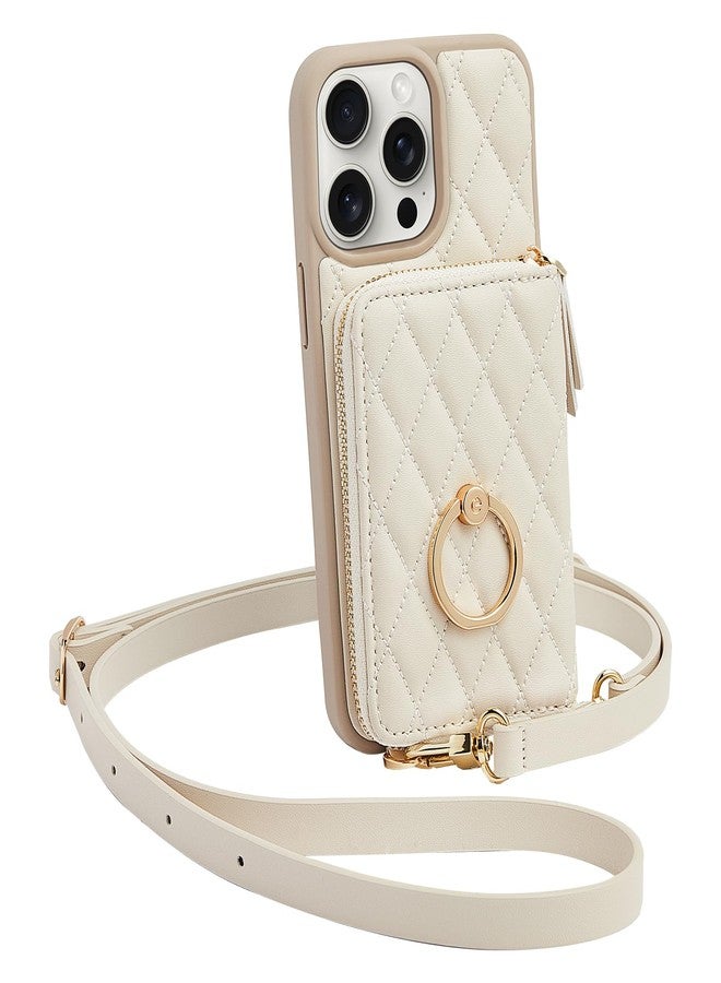 ZVE Wallet Case for iPhone 15 Pro Max with Card Holder, 360° Rotation Ring Stand Crossbody Zipper Wallet Lanyard Case for iPhone 15 Pro Max 6.7 Inch-Beige - Image 1