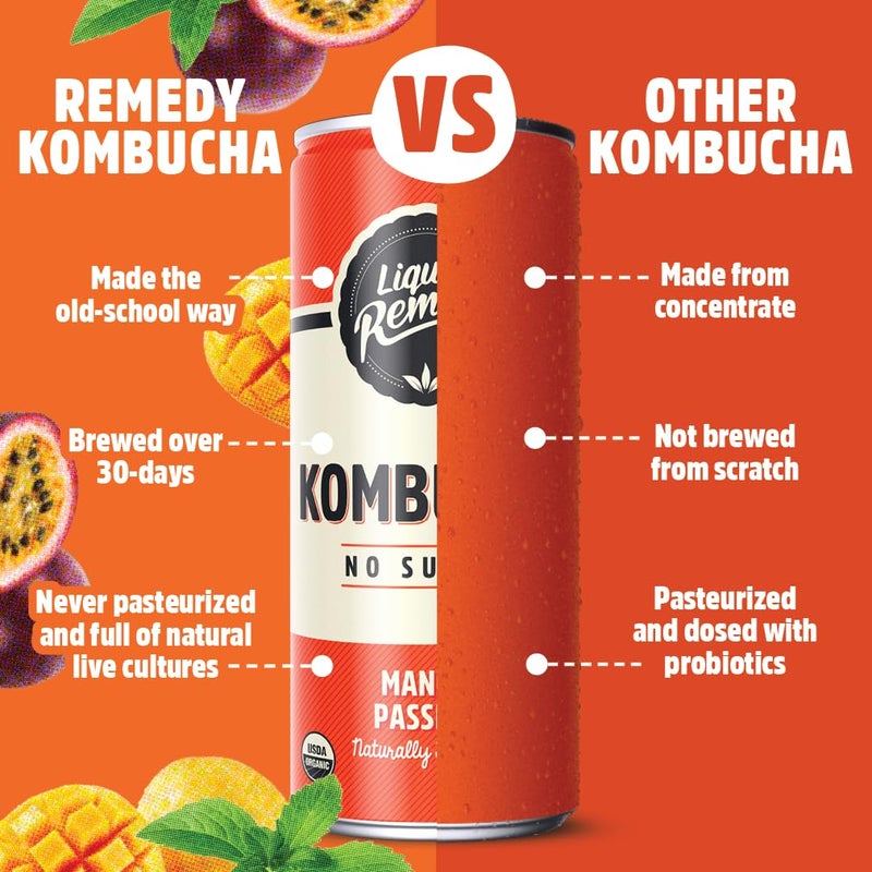 Remedy مشروب كومبوتشا السائل خالي من السكر عضوي، منخفض السعرات الحرارية، شبيه بالشاي البروبيوتيك لصحة الأمعاء - مانجو باسشن - علبة 8.5 أونصة سائلة، 24 عبوة - Image 4