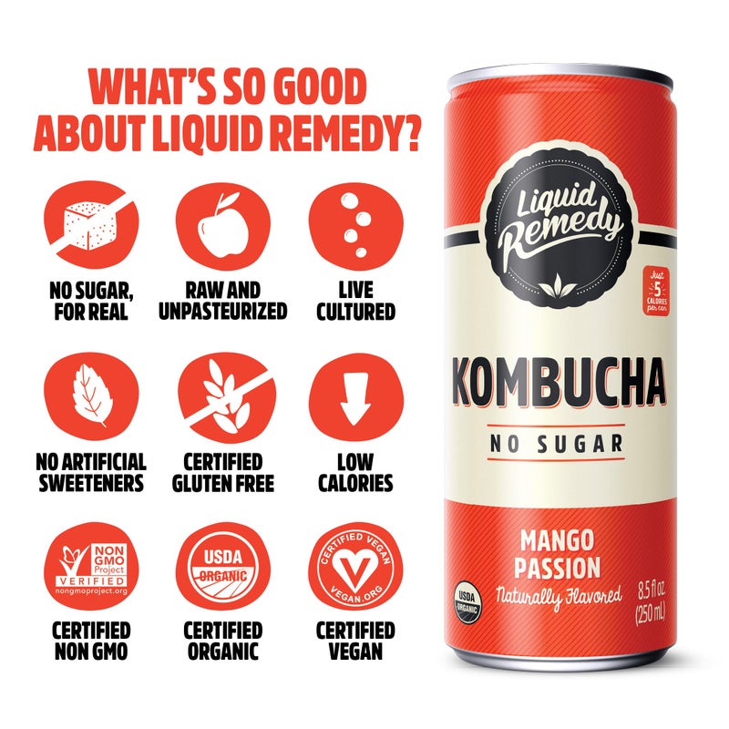 Remedy مشروب كومبوتشا السائل خالي من السكر عضوي، منخفض السعرات الحرارية، شبيه بالشاي البروبيوتيك لصحة الأمعاء - مانجو باسشن - علبة 8.5 أونصة سائلة، 24 عبوة - Image 3
