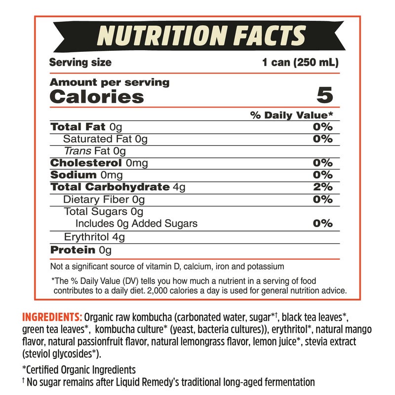 Remedy مشروب كومبوتشا السائل خالي من السكر عضوي، منخفض السعرات الحرارية، شبيه بالشاي البروبيوتيك لصحة الأمعاء - مانجو باسشن - علبة 8.5 أونصة سائلة، 24 عبوة - Image 2