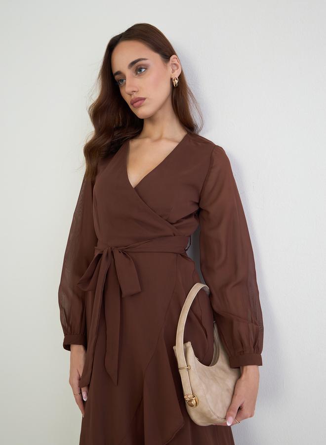 Styli Brown Long Sleeves Wrap Midi Dress - Image 3