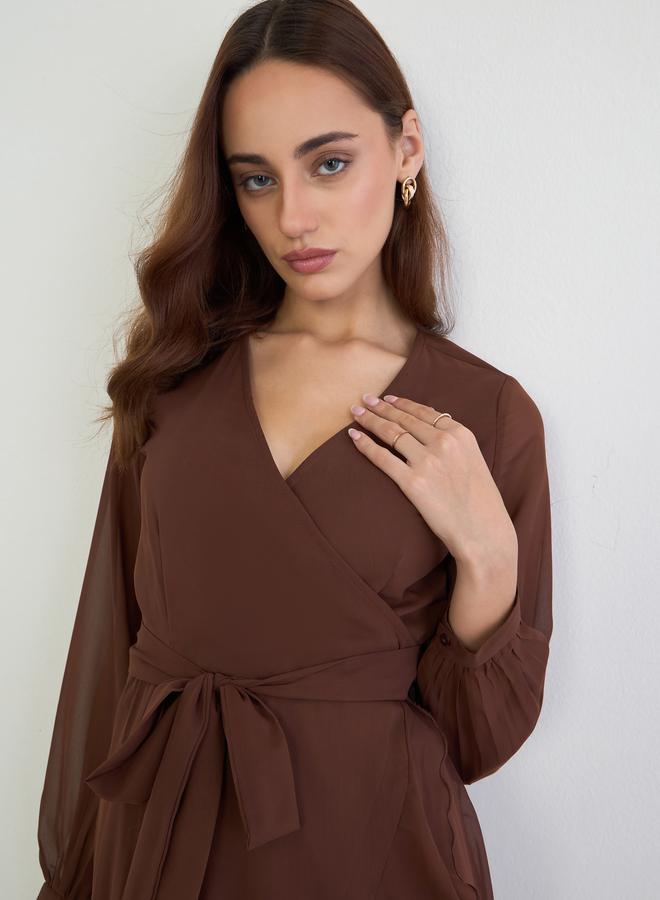 Styli Brown Long Sleeves Wrap Midi Dress - Image 4