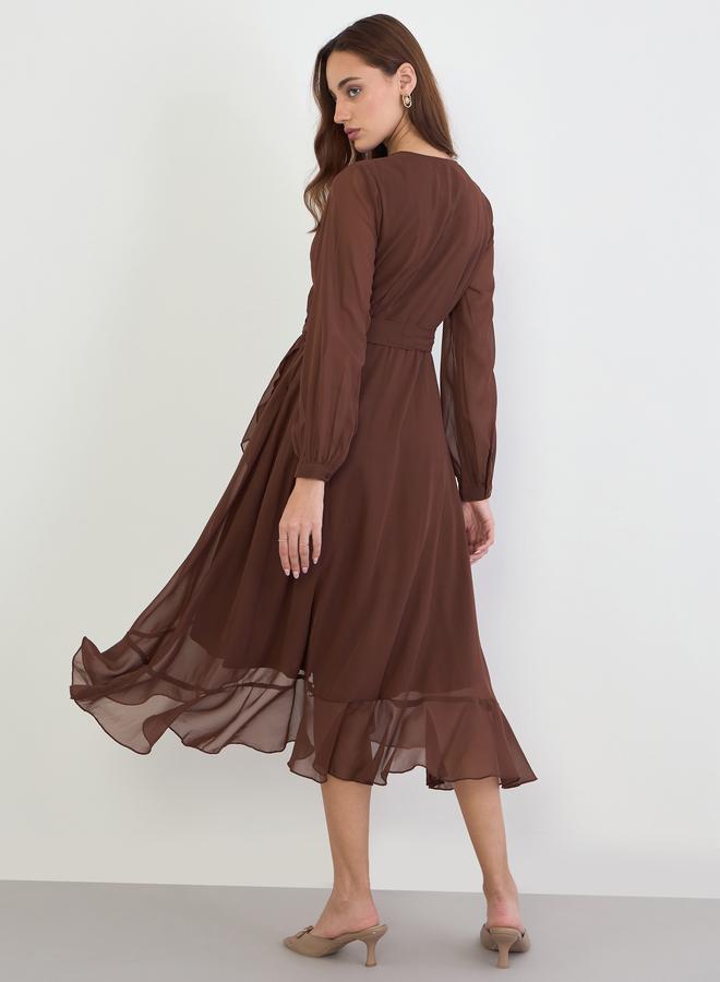 Styli Brown Long Sleeves Wrap Midi Dress - Image 5