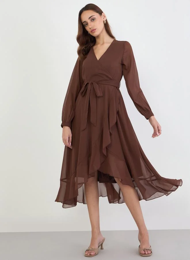 Styli Brown Long Sleeves Wrap Midi Dress