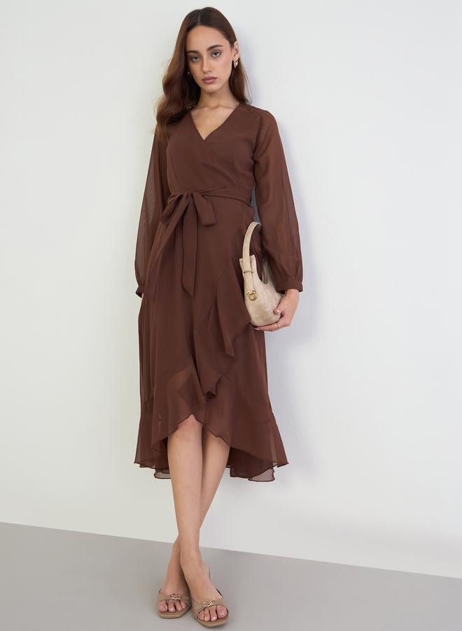 Styli Brown Long Sleeves Wrap Midi Dress - Image 2