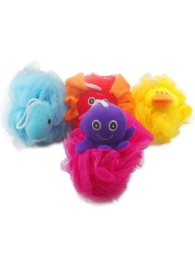 Mr.Cui'shop Loofah Exfoliating Shower Stuffed Sponge Pouf Mesh Brush with Animal Toys - Bath Spa Puff Scrubber Ball - Body Poof for Children Kids - Rich Foams Bubble（4.7" Each） Pack of 4 - Image 1