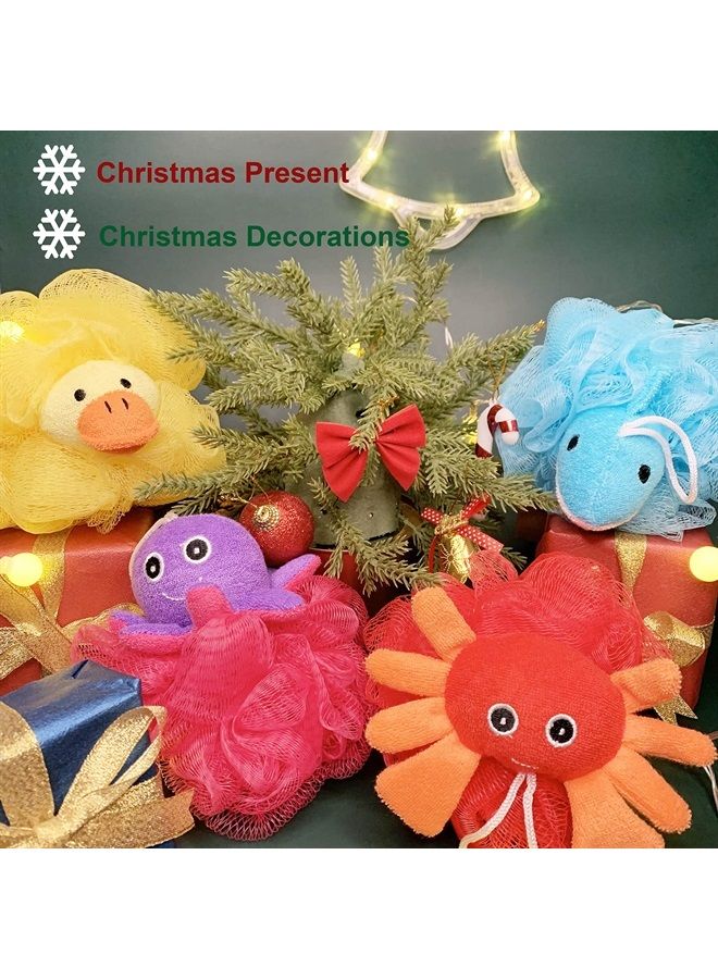 Mr.Cui'shop Loofah Exfoliating Shower Stuffed Sponge Pouf Mesh Brush with Animal Toys - Bath Spa Puff Scrubber Ball - Body Poof for Children Kids - Rich Foams Bubble（4.7" Each） Pack of 4 - Image 2