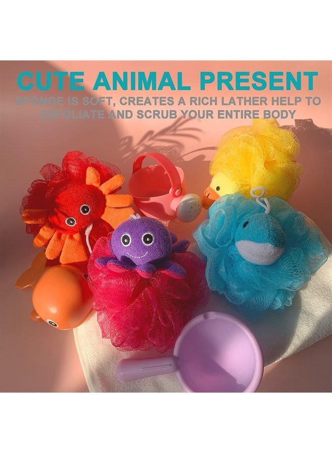Mr.Cui'shop Loofah Exfoliating Shower Stuffed Sponge Pouf Mesh Brush with Animal Toys - Bath Spa Puff Scrubber Ball - Body Poof for Children Kids - Rich Foams Bubble（4.7" Each） Pack of 4 - Image 3