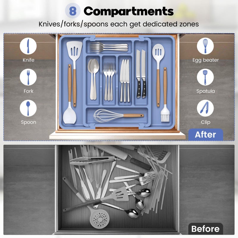 Caperci Large Silverware Organizer for Kitchen Drawer & Utensils - Expandable Drawer Organizer for Cutlery, Flatware & Gadget, BPA-Free Thick Plastic, Wider Compartments & Non-skid Feet (Breezy Blue) - Image 5