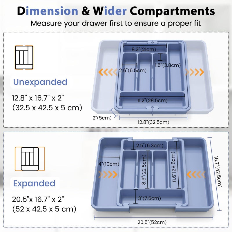 Caperci Large Silverware Organizer for Kitchen Drawer & Utensils - Expandable Drawer Organizer for Cutlery, Flatware & Gadget, BPA-Free Thick Plastic, Wider Compartments & Non-skid Feet (Breezy Blue) - Image 2