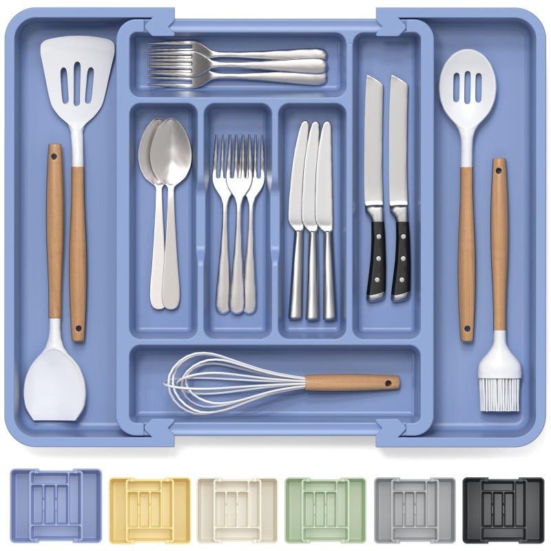 Caperci Large Silverware Organizer for Kitchen Drawer & Utensils - Expandable Drawer Organizer for Cutlery, Flatware & Gadget, BPA-Free Thick Plastic, Wider Compartments & Non-skid Feet (Breezy Blue) - Image 1